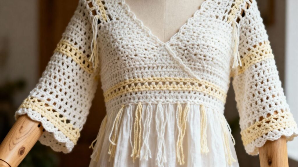 Segredo do caimento perfeito em vestidos de crochê está na escolha do fio e nas medidas precisas - Imagem do artigo